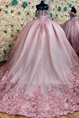 Off-Shoulder Ball Gown Crystal Beaded Pink Tulle Quinceanera Dress with Lace-Up Detail for Sweet 16 & Formal Events