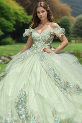 Mint Green Quinceanera Dress Off-Shoulder Ball Gown with Floral Appliques & Lace-Up Bow for Sweet 16 & Birthday Parties