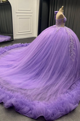 Lilac One-Shoulder Ball Gown with Beaded Sequins & Ruffled Tulle Perfect for Quinceanera Sweet 16 & Evening Galas