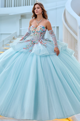 Baby Blue Ball Gown Sweetheart Neckline with Detachable Sleeves 3D Floral Appliques & Lace-Up Back for Quinceanera Sweet 16 or Evening Galas