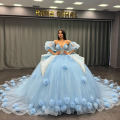 Sky Blue Ball Gown with Sweetheart Neckline Detachable Lantern Sleeves & 3D Floral Appliques Perfect for Quinceanera & Sweet 16 Celebrations