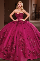 Sweetheart Neckline Ball Gown Floral Lace Applique Sweep Train & Lace-Up Back in Plum Tulle for Quinceanera & Sweet 16 Celebrations