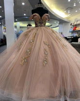 Exquisite Rose Pink Quinceanera Dress Off-Shoulder Lace & Sequins Ball Gown with Sweep Train for Sweet 16 & Princess Galas