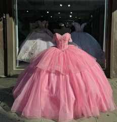 Off-Shoulder Ball Gown Sweetheart Corset with Beaded Tulle Skirt for Quinceanera & Formal Events