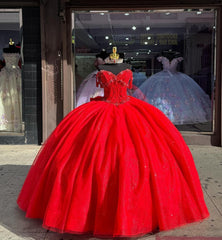 Off-Shoulder Sweetheart Ball Gown Red Tulle Quinceanera & Evening Party Dress for Sweet 16