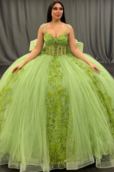 Strapless Green Tulle Quinceanera Dress with Sequins Beaded Appliques & Pleated Bow Perfect for Birthday Parties & Special Occasions