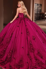 Sweetheart Neckline Ball Gown Floral Lace Applique Sweep Train & Lace-Up Back in Plum Tulle for Quinceanera & Sweet 16 Celebrations