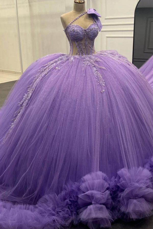 Lilac One-Shoulder Ball Gown with Beaded Sequins & Ruffled Tulle Perfect for Quinceanera Sweet 16 & Evening Galas