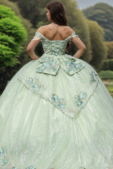 Mint Green Quinceanera Dress Off-Shoulder Ball Gown with Floral Appliques & Lace-Up Bow for Sweet 16 & Birthday Parties