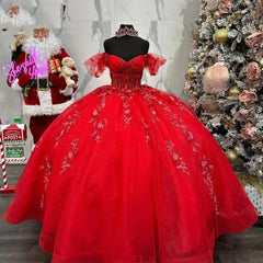 Off-Shoulder Red Quinceanera Dress Lace Applique & Beaded Tulle Princess Gown for Sweet 16 or Birthday Celebrations
