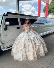 Off-Shoulder Ball Gown Lace Applique & Beaded Tulle Princess Dress for Quinceanera Sweet 16 & Birthday Galas
