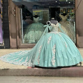 Mint Green Quinceanera Ball Gown Sparkling Tulle 3D Floral Appliques & Beaded Sweetheart Neckline for 2024