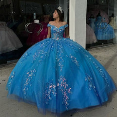 Off-Shoulder Beaded Lace Ball Gown Blue Tulle Quinceanera Dress for Sweet 16 & Evening Galas