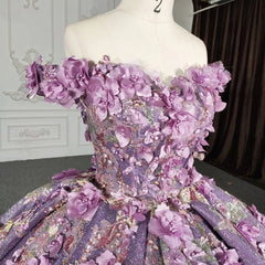 Off-Shoulder Ball Gown Floral Lace Appliques & Beaded Purple Tulle Quinceanera Dress for Sweet 16 & Princess Birthday Parties
