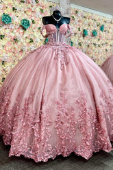 Off-Shoulder Ball Gown Crystal Beaded Pink Tulle Quinceanera Dress with Lace-Up Detail for Sweet 16 & Formal Events