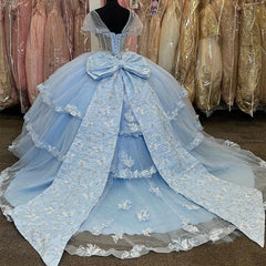 Light Blue Tulle Quinceanera Dress Sweetheart Neckline 3D Butterfly Appliques & Tiered Bow Detail for Sweet 16