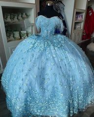 Sky Blue Ball Gown Off-Shoulder 3D Floral Applique Feather Tulle Quinceanera Dress for Sweet 16 & Princess Birthday Parties