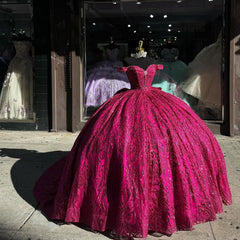 Off-Shoulder Ball Gown Sweetheart Neckline Hot Pink Tulle Quinceanera Dress for Princess Evening & Sweet 16 Parties
