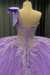 Lilac One-Shoulder Ball Gown with Beaded Sequins & Ruffled Tulle Perfect for Quinceanera Sweet 16 & Evening Galas