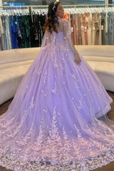 Lilac Tulle Quinceanera Dress Strapless Ball Gown with Floral Appliques & Detachable Shawl for Sweet 16 Birthday & Evening Events
