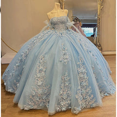Sky Blue Quinceanera Dress Off-Shoulder Ball Gown with 3D Floral Lace & Beaded Detailing for Sweet 16 & Birthday Celebrations
