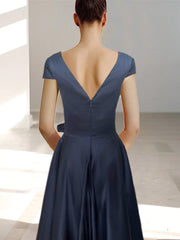 V-Neck A-Line Princess Ankle-Length Mother of the Bride Dress With Short Sleeves Pockets & Ruffles
