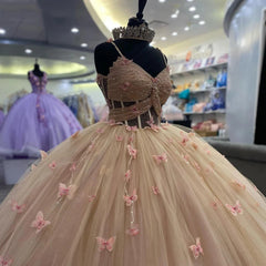 Dusty Pink Ball Gown Sweetheart Neckline with 3D Butterfly Appliques & Beaded Tulle for Quinceanera Sweet 16 or Birthday Celebrations