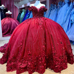 Off-Shoulder Red Tulle Quinceanera Dress Sparkling Floral Applique Ball Gown for Sweet 16 & Princess Birthday Parties