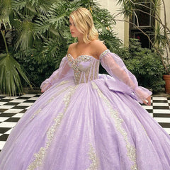 Lilac Tulle Princess Ball Gown Strapless Long Sleeves with Lace Appliques & Beaded Bow for Quinceanera Sweet 16 & Evening Galas