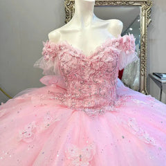 Off-Shoulder Ball Gown with Floral Lace Appliques Baby Pink Tulle Quinceanera Dress for Sweet 16 & Princess Birthday Parties
