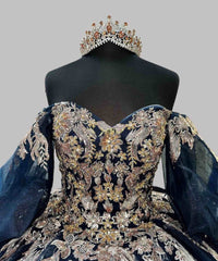 Exquisite Navy Blue Ball Gown Off-Shoulder Lace Applique Quinceanera Dress with Tiered Tulle Skirt for Sweet 16 & Evening Galas