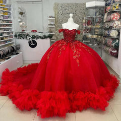 Off-Shoulder Ball Gown Beaded Lace Appliques & Ruffled Red Tulle Quinceanera Dress for Sweet 16 & Birthday Galas