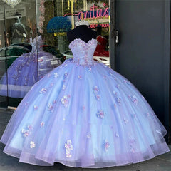 Lavender Princess Ball Gown Sweetheart Neckline with Detachable Sleeves & 3D Floral Appliques for Quinceanera & Sweet 16