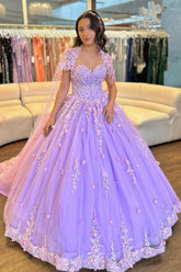 Lilac Tulle Quinceanera Dress Strapless Ball Gown with Floral Appliques & Detachable Shawl for Sweet 16 Birthday & Evening Events
