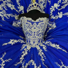 Royal Blue Ball Gown Off-Shoulder Lace Applique Beaded Tulle Quinceanera Dress for Prom Sweet 16 & Formal Events