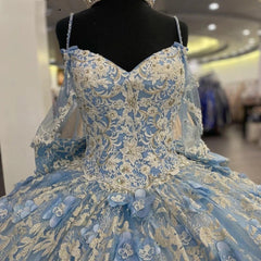 Sky Blue Tulle Princess Ball Gown V-Neck Spaghetti Straps Floral Appliques & Beaded Lace-Up for Quinceanera or Sweet 16