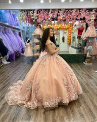 Champagne Ball Gown Off-Shoulder 3D Floral Lace Tulle Quinceanera & Sweet 16 Party Dress