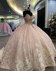 Pink Tulle Quinceanera Dress Sweetheart Off-Shoulder Ball Gown with Lace Appliques & Beaded Details for Prom Sweet 16 or Princess-Themed Parties