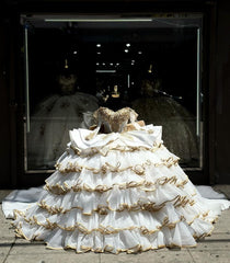 Exquisite Gold-Beaded Off-Shoulder Ball Gown Tiered Princess Evening Dress for Quinceanera & Sweet 16 Celebrations