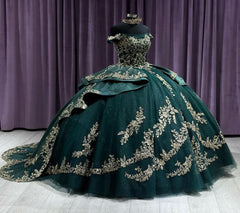 Off-Shoulder Ball Gown Beaded Lace Appliques on Emerald Tulle for Quinceanera Sweet 16 & Formal Events