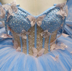 Sky Blue Ball Gown Sweetheart Neckline with 3D Butterfly Lace & Beaded Tulle for Quinceanera Sweet 16 or Princess Birthday Party