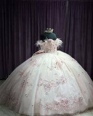 Off-Shoulder Ball Gown with Feather Accents Floral Lace Appliques and Beaded Bow Princess Quinceanera & Sweet 16 Party Dress