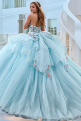 Baby Blue Ball Gown Sweetheart Neckline with Detachable Sleeves 3D Floral Appliques & Lace-Up Back for Quinceanera Sweet 16 or Evening Galas
