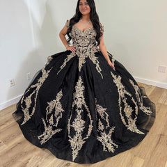 Black Tulle Ball Gown Off-Shoulder Lace Applique Princess Dress for Quinceanera & Sweet 16