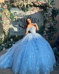 Sky Blue Ball Gown Off-Shoulder Sweetheart Corset with Floral Lace Appliques & Tulle Skirt for Quinceanera Sweet 16 or Princess Party