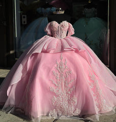 Off-Shoulder Ball Gown Sweetheart Neckline with Lace Appliques & Beaded Tiered Tulle for Quinceanera Sweet 16 and Formal Evenings