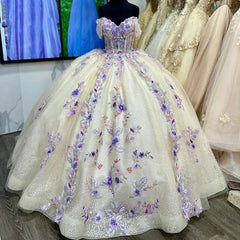 Off-Shoulder Ball Gown with Beaded Floral Lace Appliques Princess Quinceanera & Sweet 16 Birthday Party Dress