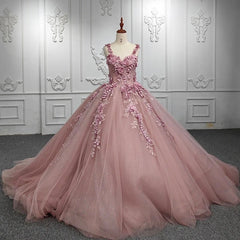 Ball Gown with Off-Shoulder Straps & 3D Floral Lace Appliques Rose Pink Tulle Quinceanera Dress for Sweet 16