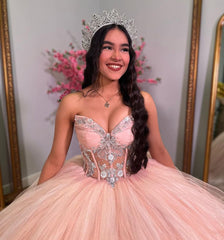Exquisite Strapless Ball Gown Lace Appliques & Beaded Pink Tulle Princess Dress for Quinceanera Sweet 16 & Formal Evenings