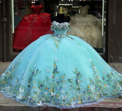 Lake Blue Ball Gown Off-Shoulder 3D Butterfly & Floral Tulle Quinceanera Dress for Sweet 16 & Evening Galas